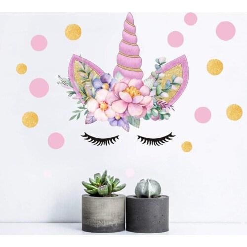 Unicorn Hearts Art Wall Stickers Girls Bedroom Decals Gold Pink Polka Dots Decor Newborn Baby Kids Birthday Party Wall Stickers