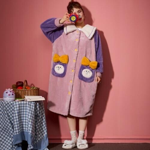 Korean Version Coral Velvet Pajamas Womens Autumn And Winter Warm Thickened Flannel Nightgown Long Bathrobe Cardigan Home Wear