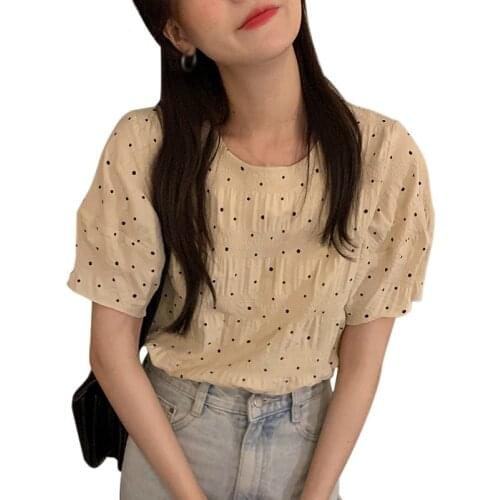 Summer Retro Minimalist Agende Blouses Spot Round Neck Pleated Loose Short-sleeved Tops 2021