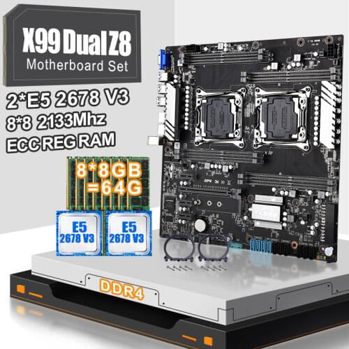 SZMZ X99 Dual Z8 CPU Motherboard Socket LGA 2011-3 Set With E5 2678V3 And 8*8GB DDR4 2133MHZ ECC REG RAM 8 hannels Support V3V4