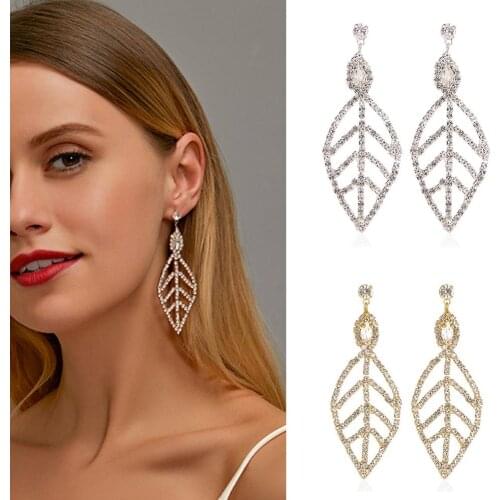 Fashion Women Hollow Leaves temperament Leaf Full Rhinestone Long Dangle Ear Stud Earrings Jewelry Decor Accessory Gift