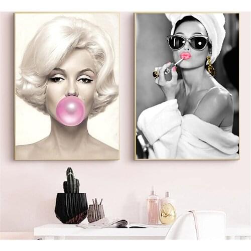 Fashion Woman Canvas Painting Pink Lips Bubble Gum Poster Movie Star Actress Wall Art Print Modern Wall Pictures Bedroom Decor