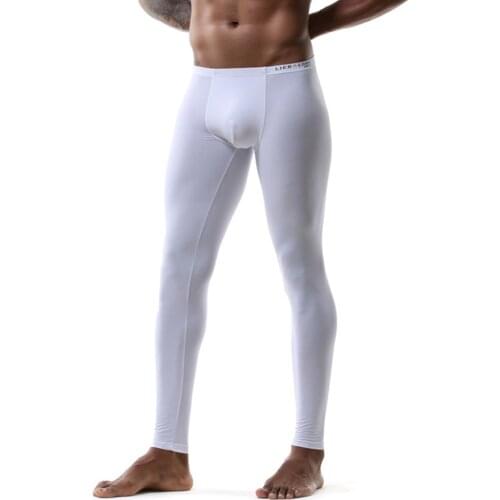 Mens Leggings Tight Elastic Underpant Man Ice Silk Silky Long Bottom Seamless Panties U-convex Trousers Mens Thin Home Pants