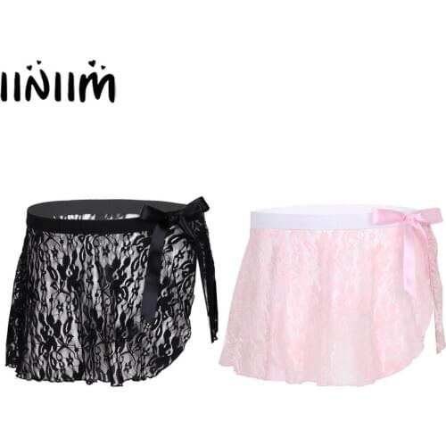 Mens Gay Sissy Skirts See Through Sheer Lace Lingerie Miniskirts Nightwear Exotic Babydoll Side Split with Bowknot Mini Skirt