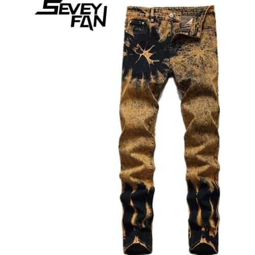 SEVEYFAN Mens Retro Tie Dye Printed Jeans Yellow Snowflake Washed Stretch Straight fit Denim Pants Trendy Urban Jeans for Male