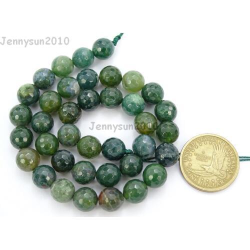 Natural 10mm Moss Ag-ate Gems stone Faceted Round Spacer Beads 15'' Strand for Jewelry Making Crafts 5 Strands/Pack