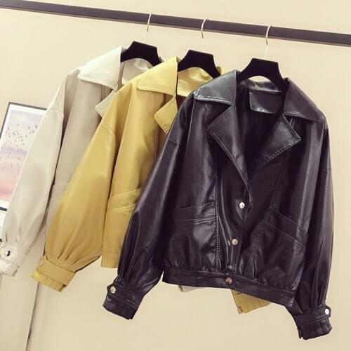 New Women Vintage Faux Leather Jacket Loose Coat Single Breasted Motorcycle Leather Jackets Ladies Short Outwear PU Moto & Biker