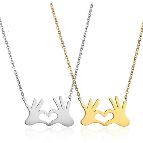 Gold Silver color Stainless Steel Double Hand OK Gestures Love Heart Necklaces for Women Friendship Jewelry Bijoux Collares