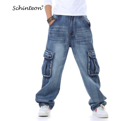 Schinteon Big Size Men Demin Pants Baggy Loose Casual Pockets Straight Cowboy Hip Hop Streetwear Trousers 46 48