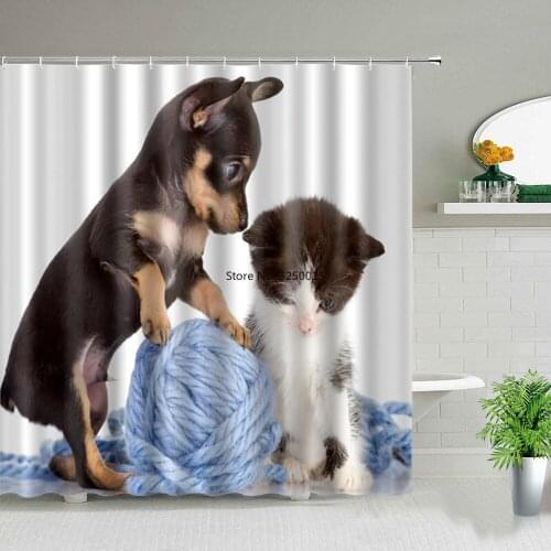 Animal Dog Shower Curtains 3D Printed Bathroom Decor Waterproof Polyester Cloth Childrens Bath Curtain Washable With Hooks