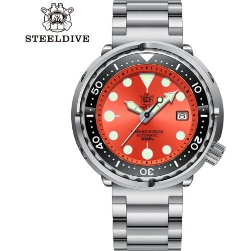 Steeldive 1975 Tuna Orange Dial 47.5mm Tuna Mechanical Watch Mens Stainless Steel 300M Waterproof NH35 Automatic Diving Watches
