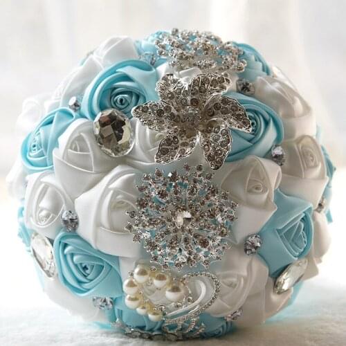 Light blue Bridal Wedding Bouquet Cream Satin Rose Artificial Flowers Wedding Bouquet de novia On Sale