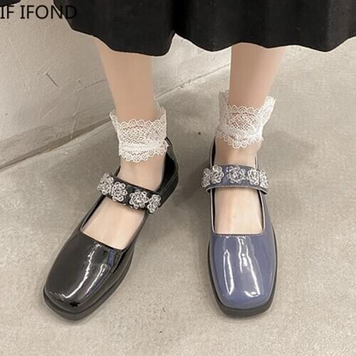IF IFOND British Style Mary Jane Shoes Ladies Fashion Crystal Patent Leather Waterproof Shoes Woman Black Low Heels Shoes Women
