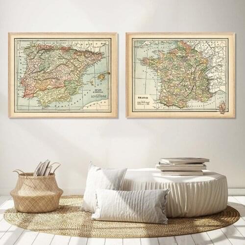 Vintage Country Map France Spain Portugal Posters Canvas Painting Wall Art Print Picture for Living Room Interior Home Decor