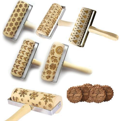 Wooden Christmas Embossing Rolling Pin Engraved DIY Tools for Baking Cookie Kid FPing