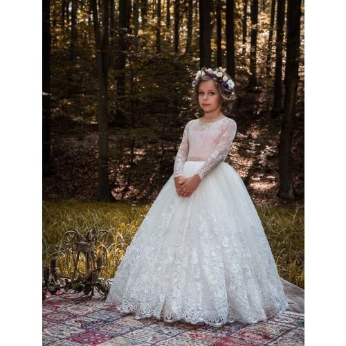 Elegant Organza White Flower Ball Gown flower Girl Dress Long Sleeve First Communion Dress For Girls Kid Wedding Gown
