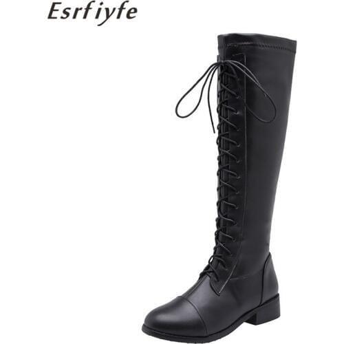 ESRFIYFE 2020 New Womens Pu Leather Boots Fashion Comfortable Long Tube Knight Martin Boots Winter Shoes Plus Size 34-46 Black