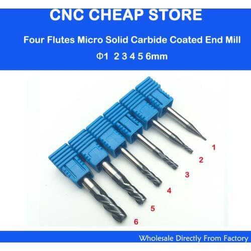 6Pcs Of 1 2 3 4 5 6mm Four Flutes 4F Micro Solid Carbide Face End Mill CNC Milling Cutter HRC55 Bits For Steel Cutting