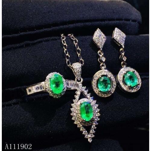 KJJEAXCMY exquisite jewelry 925 Silver-inlaid Natural Emerald Female Ring Necklace Pendant Earring Set Support Detection