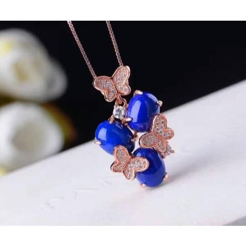 Natural lapis lazuli pendant 925 Sterling silver Natural gemstone Pendant Necklace trendy Butterfly flowers women girl jewelry
