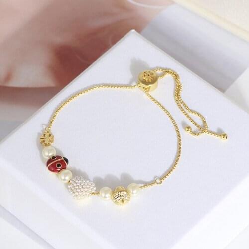 Lovely ladybug love pine cone pearl square label multi-drop adjustable bracelet