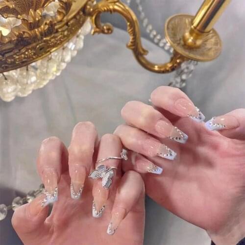 24Pcs Fake Nails Long Light Purple With Diamonds French Full Diamond Nail Art Finished Manicures Fully Covered Nail Decoration