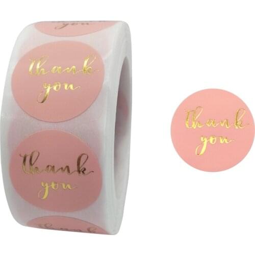 2021 1 inch 500 pieces /roll, thank you hot stamping font pink black label, baking gift card, gift packaging seal sticker