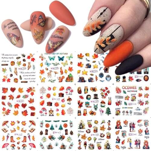 12pcs Fall Gold Leaves Nail Stickers Sliders For Manicure Maple Leaf Nail Art Water Decals Transfer Foil For Autumn Decorations