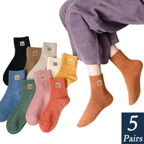 Women/Men Cotton Smiley Socks Embroidery Cartoon Cute Fashion Solid Breathable Socks Winter Harajuku Casual Smile Funny Socks