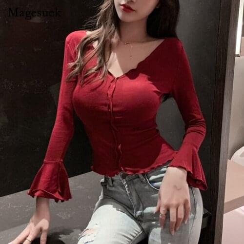 Solid V-neck Ruffle Flare Sleeve Tops Korea 2021 Autumn New Fashion Long Sleeve T-shirt Slim Nightclub Sexy T-shirt Blusas 16520