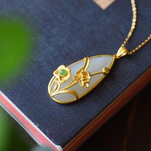 Newsilver original inlaid natural Hetian Chalcedony water drop pendant lotus leaf retro ethnic style luxury brand jewelry