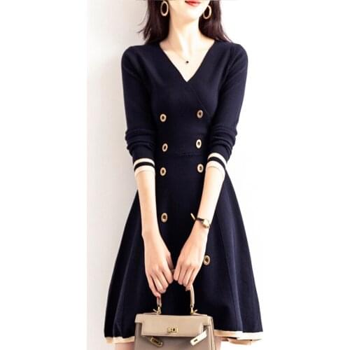 Womens Spring Autumn Dress Womens Patchwork V Neck Buttom Knitted Long Sleeve Casual Elegant Dress
