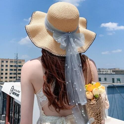 Summer Korea Women Casual Gauze Straw Hat Girl Ladies Ribbon Lace Sun hat Sunscreen Protection Visor Caps