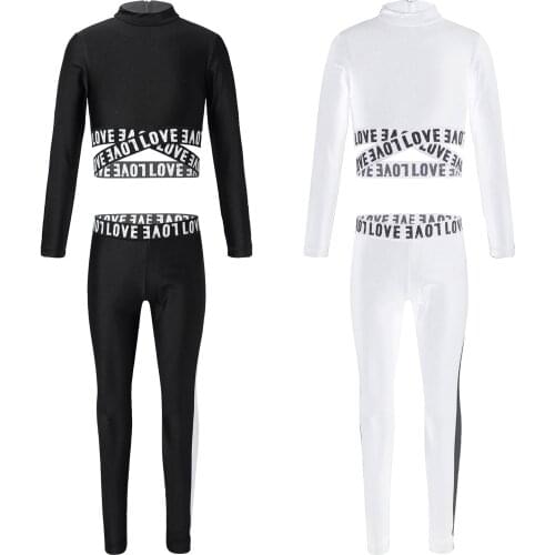 Kids Girls Yoga Sport Set Two Piece Tracksuits Running Fitness Outfit Sportswear Long Sleeve Dance Crop Top Stripes Leggins Suit