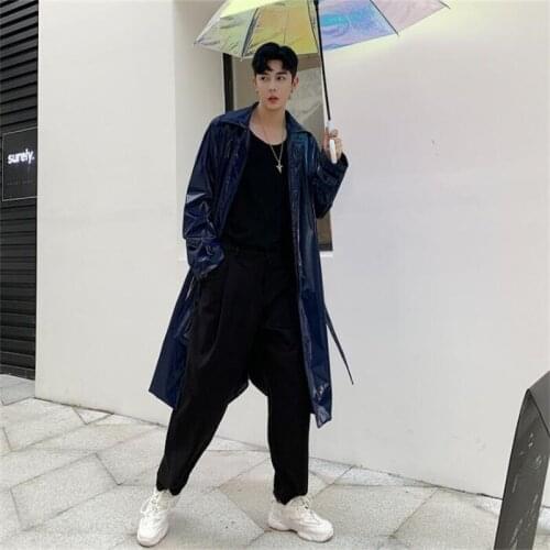 Mens trench coats man ropa hombre lapel gloss long men loose straps clothes slim fit jaquetas corta vento masculino blue B422