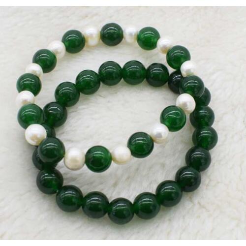 Wow! green jades round freshwater pearl white 10mm bracelet 7.5inch wholesale beads FPPJ nature big size