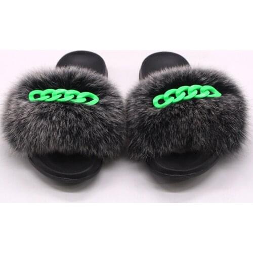 Ladies Summer Fur Slippers Real Fox Raccoon Fur Green Chain Decoration Indoor Cute Fluffy Furry Sandals For Women 2021 New TX38