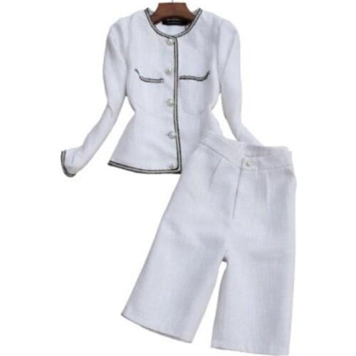 Elegant small fragrance o-neck ol blazer+high waist ankle length shorts women two piece sets