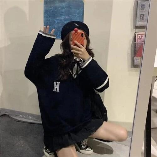 Sweaters Women Letter Chic Vintage V-neck Oversize Pullovers Ulzzang Korean Ins All-match Women Sweater Knitting Loose Women Top