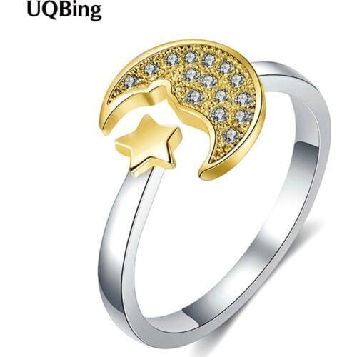 925 Sterling Silver Creative Gold Color Star & Moon Crystal Zircon Rings for Women Wedding Fine Jewelry Gifts