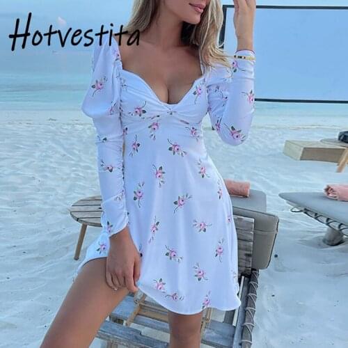 Hotvestita 2021 Spring Autumn Print Square Collar Low Chest Mini Dress Puff Long Sleeve Bodycon A Line Women Party Club Dresses