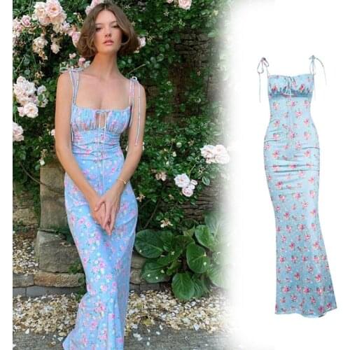Womens Sexy Floral Printing Sleeveless Dress Sling Summer Leisure Waist Side Opening Backless Tight Dresses Beach Holiday Style
