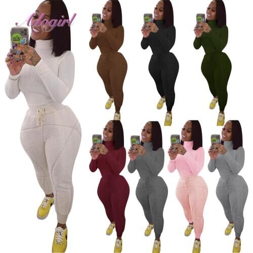Winter Workout Two Piece Sets Causal Knit Rib Turtleneck Long Sleeve Sweatshirt Teddy Fleece Pants Suit Outfit Sporty Tracksuit