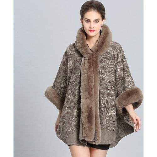 2019 Winter Warm Plus Size Womens Wool Cardigan Faux Fox Fur Cashmere Hooded Shawl Cape Fashion Printed Knitted Poncho Cloak