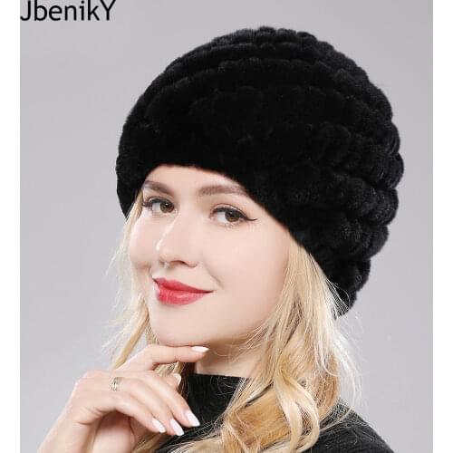 Winter Luxury Women Natural Real Rex Rabbit Fur Hat Snow Cap Winter Hats for Women Warm Girl Real Fur Knit Skullies Beanies Hat