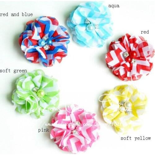200pcs/lot 2" 6Colors Striped Flowers With Pearl And Rhinestone Buttons For Hair Accessories Chiffon Fabric Flower For Ornaments