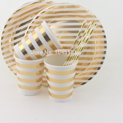 24set Striped Dot Chevron Cocktail Straws Drinking Cups Dinner Dessert Plates Rose Gold/Gold Paper Product for Party Table Decor