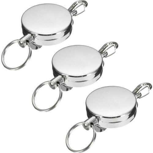 3 Pcs Stainless Silver Retractable Key Chain Recoil Keyring Heavy Duty Steel