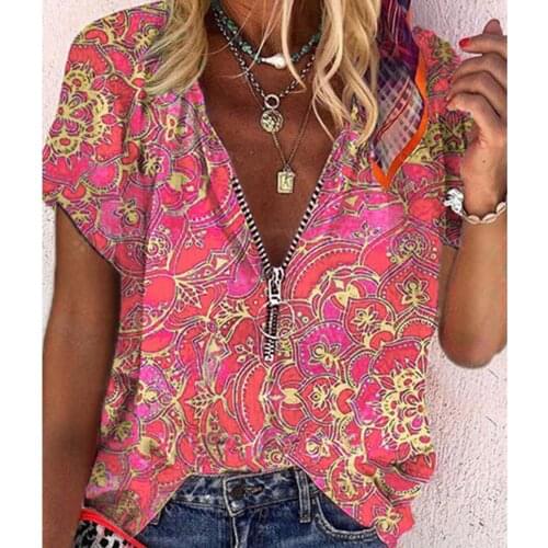 40# Harajuku Floral Print Womens Tops And Blouses V-neck Zipper Short Sleeve Casual Loose Blouse Vintage Cotton Linen Blouse