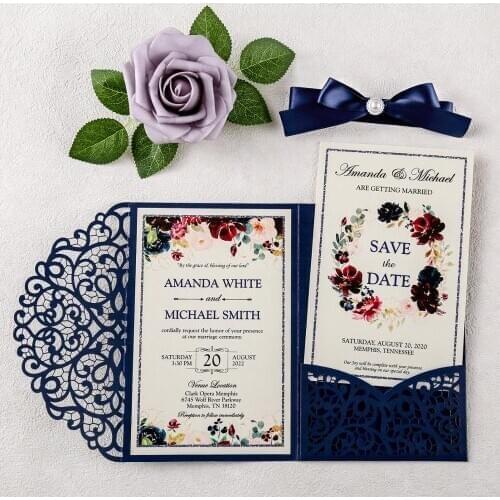 50pcs Custom Blue Laser Cut Hollow Wedding Invitations Pearlized Paper with Envelopes for Wedding Party, Quinceanera